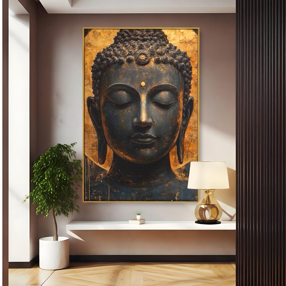 Tablou canvas cu tablou canvas cu capul lui buddha, in rama de aluminiu auriu